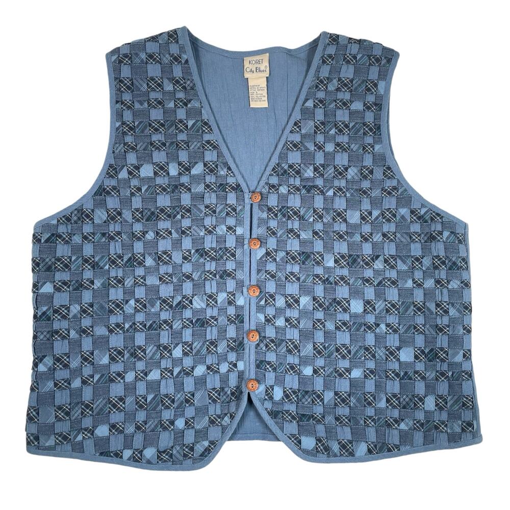 Vintage Womens Large Blue Patch Woven Plaid Cotton Vest
